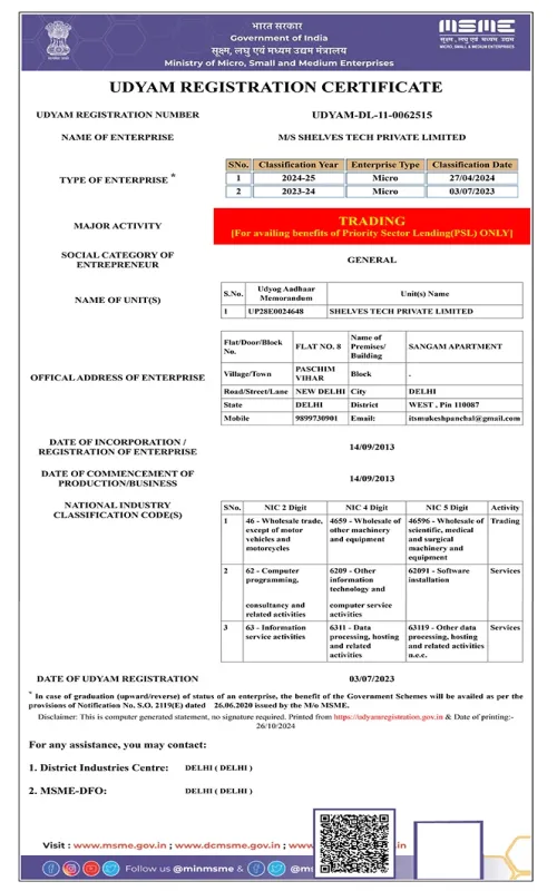 Udyam Registration Certificate Certification Shelves Tech Private Limited