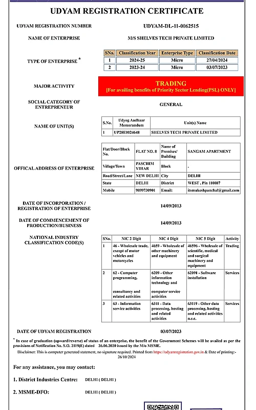 Udyam Registration Certificate Certification Shelves Tech Private Limited